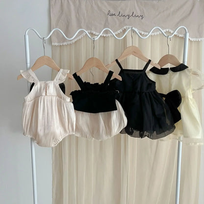 Neu im Sommer Neugeborene Baby Prinzessin süße Kleidung Sling Kleider Schleife Shorts solide Weste Body Kurzarm Kleid Kinder.