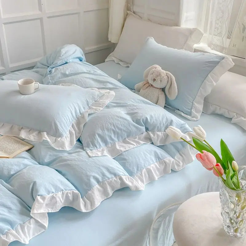 Korean Princess Style Duvet Cover Set No Filling Pink Blue Soft Washed Cotton Girls Favorite Ruffles Bed Linen Pillowcases.