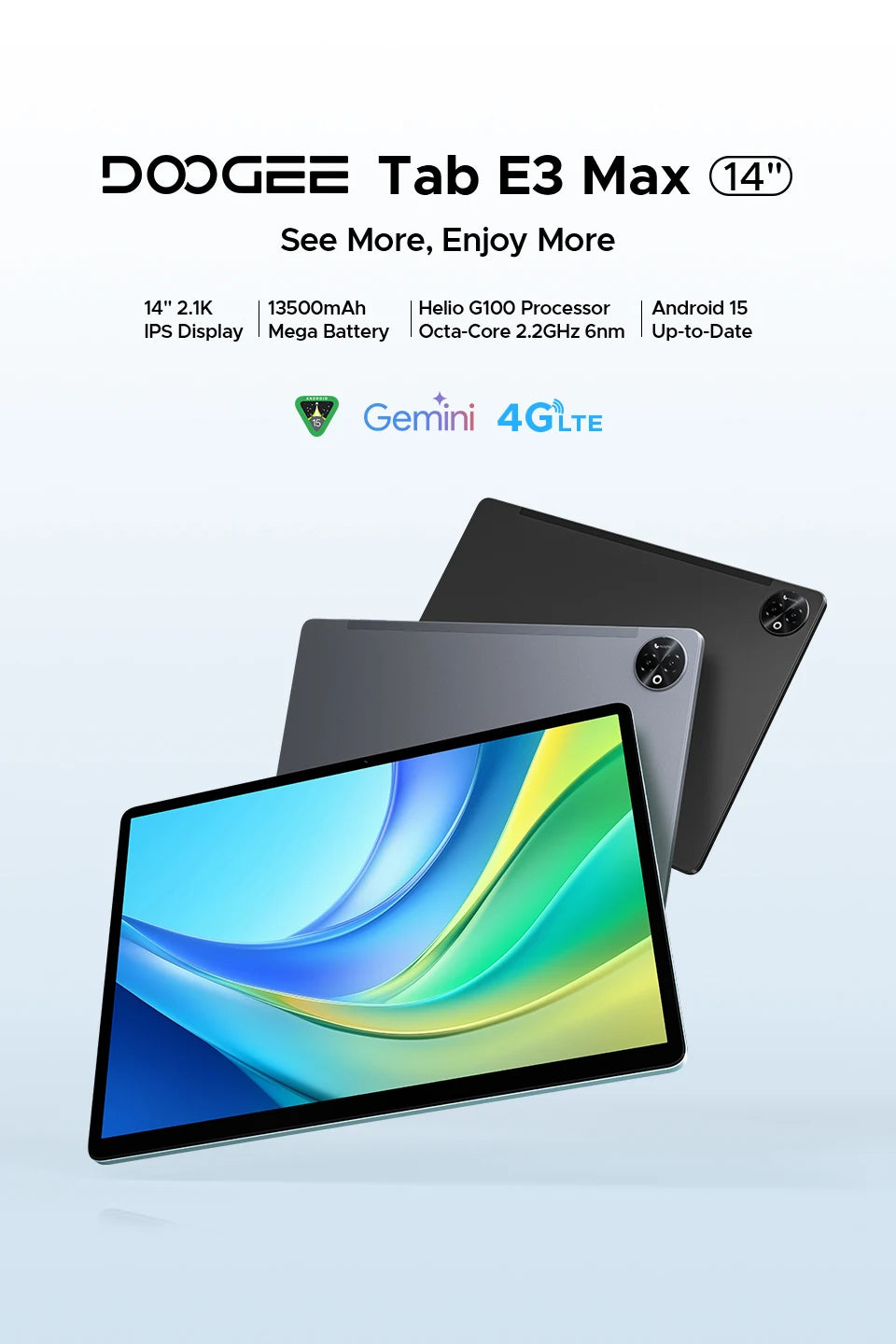 Doogee 2 in 1 Tablet Pc Tab E3 Max Gmini Ai 14" 2.1K Display Android 15 32Gb (8+24) 256Gb 13500Mah Battery Helio G100 Tablet Pc.