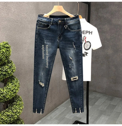 Trendy Unique Holed Men's Jeans Straight Leg Slim Fit Cropped Pants Summer Style Casual Business Fashion Shorts For Men.
