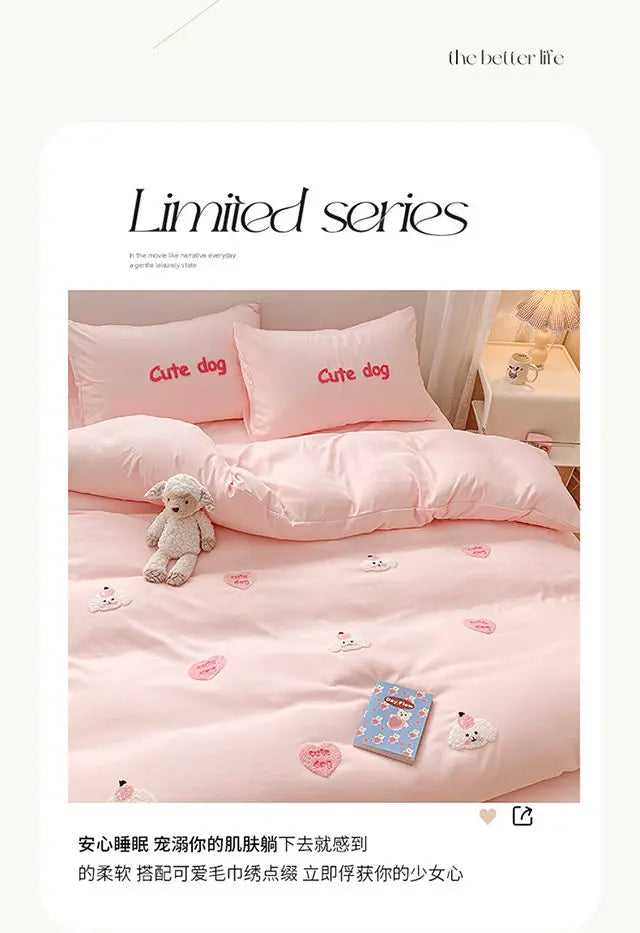 Ins Girly Heart Towel Embroidery Bedding Four-piece Set Soft Washed Cotton Bed Sheet Quilt Cover Three-piece Set.