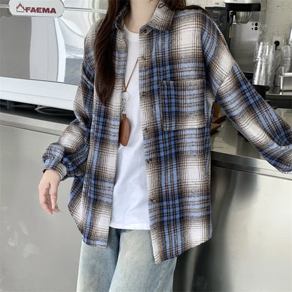 Zjaiss Women Thick Woolen Plaid Blouse Loose Long Sleeved Tops 2025 Autumn Winter New Casual Shirt Long Shirts