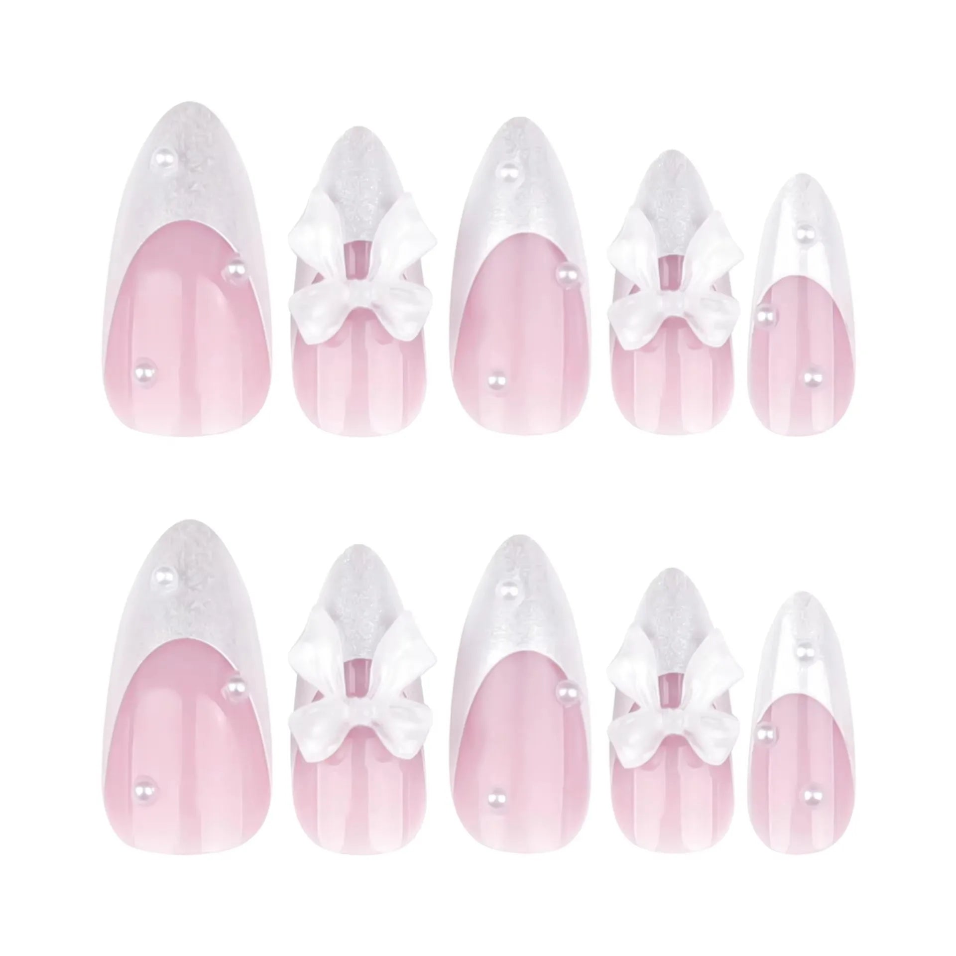 White Glitter Powder Bowknot Long Pointed Fake Nails Art Ballet False Nail Cow Print Pearl Rhinestone Pink Almond Press on Nails.