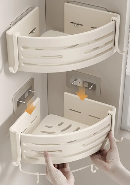 Weiße Badezimmerregale mit Handtuchhalter und Haken, Shampoo-Make-up-Aufbewahrungsorganisator, selbstklebendes, an der Wand montiertes Dusch-Eckregal