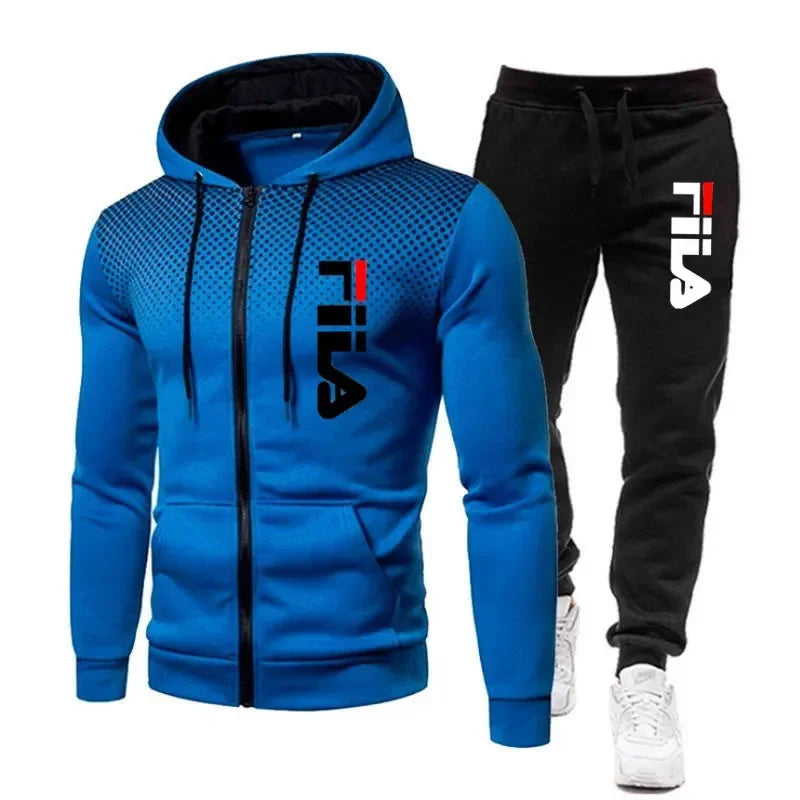 New men's casual jogging fitness fashion sports clothing set autumn and winter printed zipper hoodie + two sets of stretch pants.
