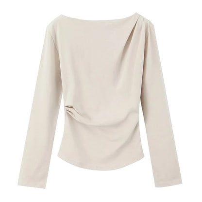 Women's Tri Color Side Folded Decorative T-shirt Round Neck Long Sleeve Spring/Summer New Casual Women's Clothing.