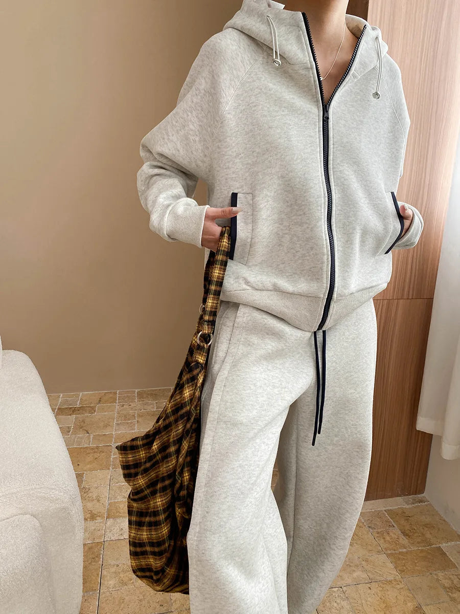 Spring and Autumn Women's Casual Solid Color Loose Hooded Sweatshirt+High Waist Loose Pants Set