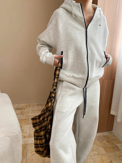 Spring and Autumn Women's Casual Solid Color Loose Hooded Sweatshirt+High Waist Loose Pants Set