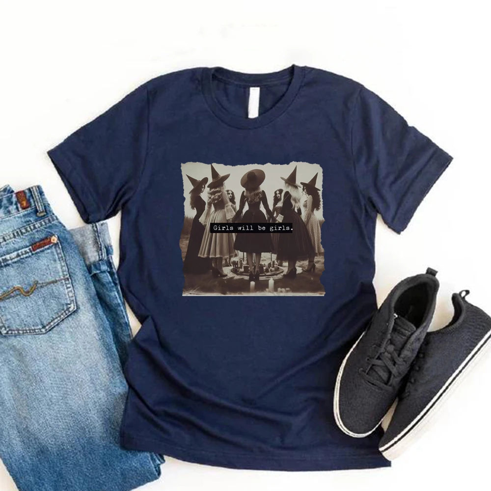 Vintage Girls Will Be Girls Hexen-T-Shirt, lustiges Hexen-T-Shirt, Halloween-Damen-Shirt, kurzärmeliges Streetwear-T-Shirt, Witchy Vibes Top.