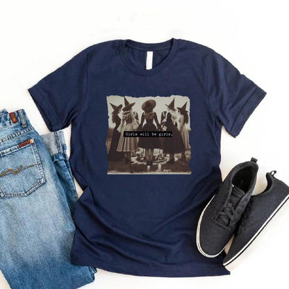 Vintage Girls Will Be Girls Hexen-T-Shirt, lustiges Hexen-T-Shirt, Halloween-Damen-Shirt, kurzärmeliges Streetwear-T-Shirt, Witchy Vibes Top.