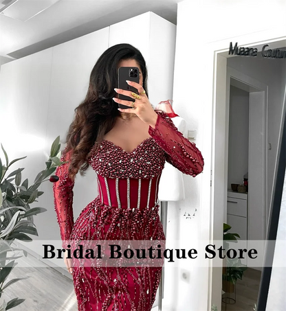 Glänzende blaue Dubai-Abendkleider 2025, mit Perlen verziert, Kristalle, Hochzeitskleid für besondere Anlässe, maßgeschneidert.