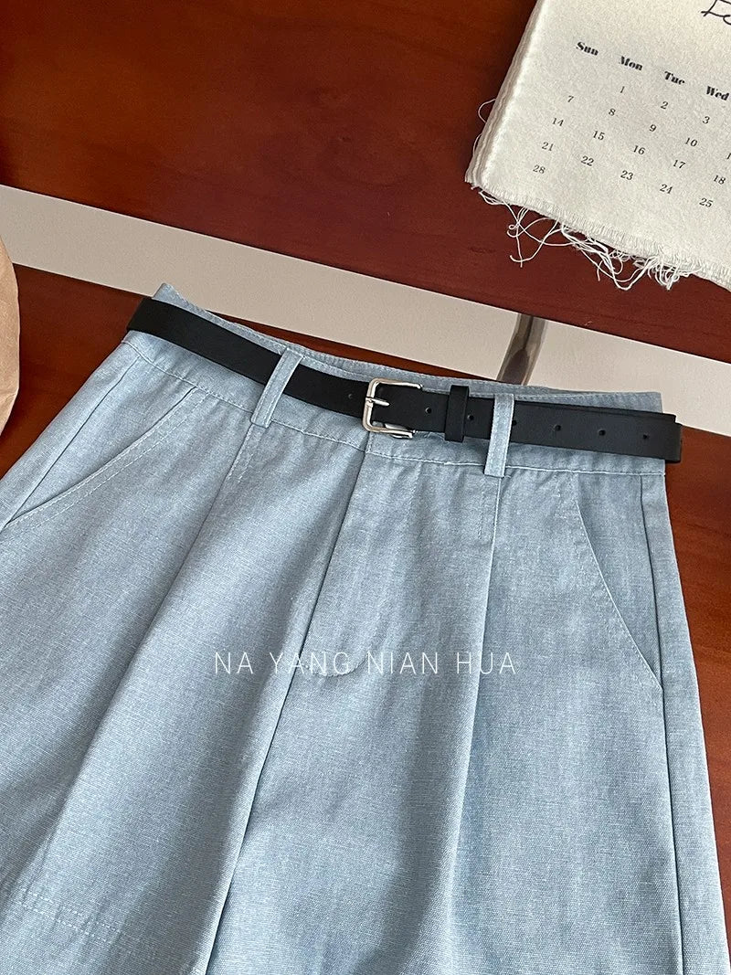 Beiyingni Korean Women High Waist Shorts With Belt Elegant Cotton Linen Casual Slim Female Shorts White Street Short Cargo Pants.