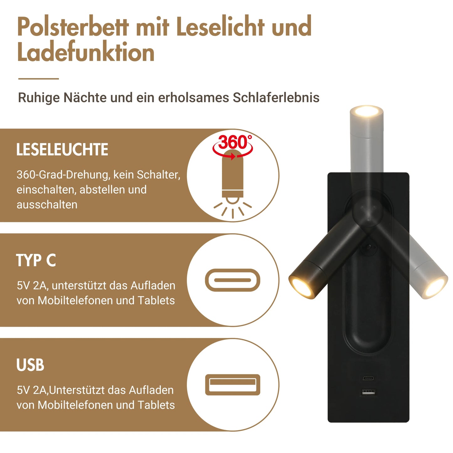 Merax Polsterbett 180x200 Leselampe USB Ladefunktion Stauraumbett Leinen Beige Holz Metall