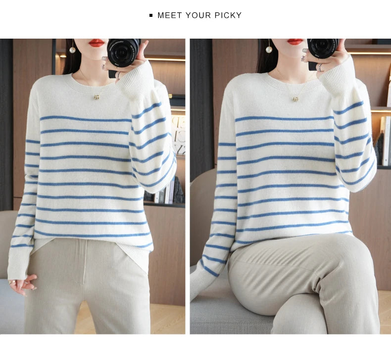 Herbst Winter neue Frauen O-Ausschnitt Farbe Streifen Pullover Wolle Mischung Mode weichen warmen Pullover Kaschmir lose lässig Strick Base Top