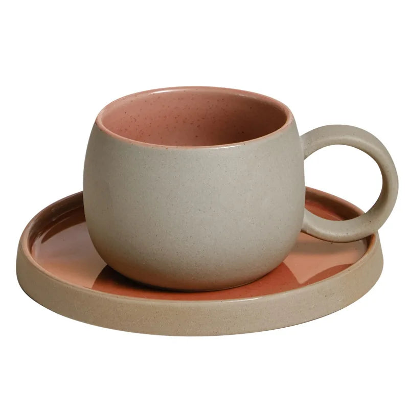 Retro Coarse Pottery Mug and Saucer Combination Japanese Coffee Cup Set Nordic Afternoon Tea Breakfast Cup Latte Coffee Mug.