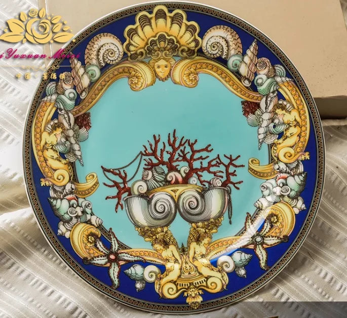 Luxury Blue Ocean Bone China Dishes Plates Western Clubhouse Upscale Heart Of The Sea Ceramic Tableware Decorative Plate