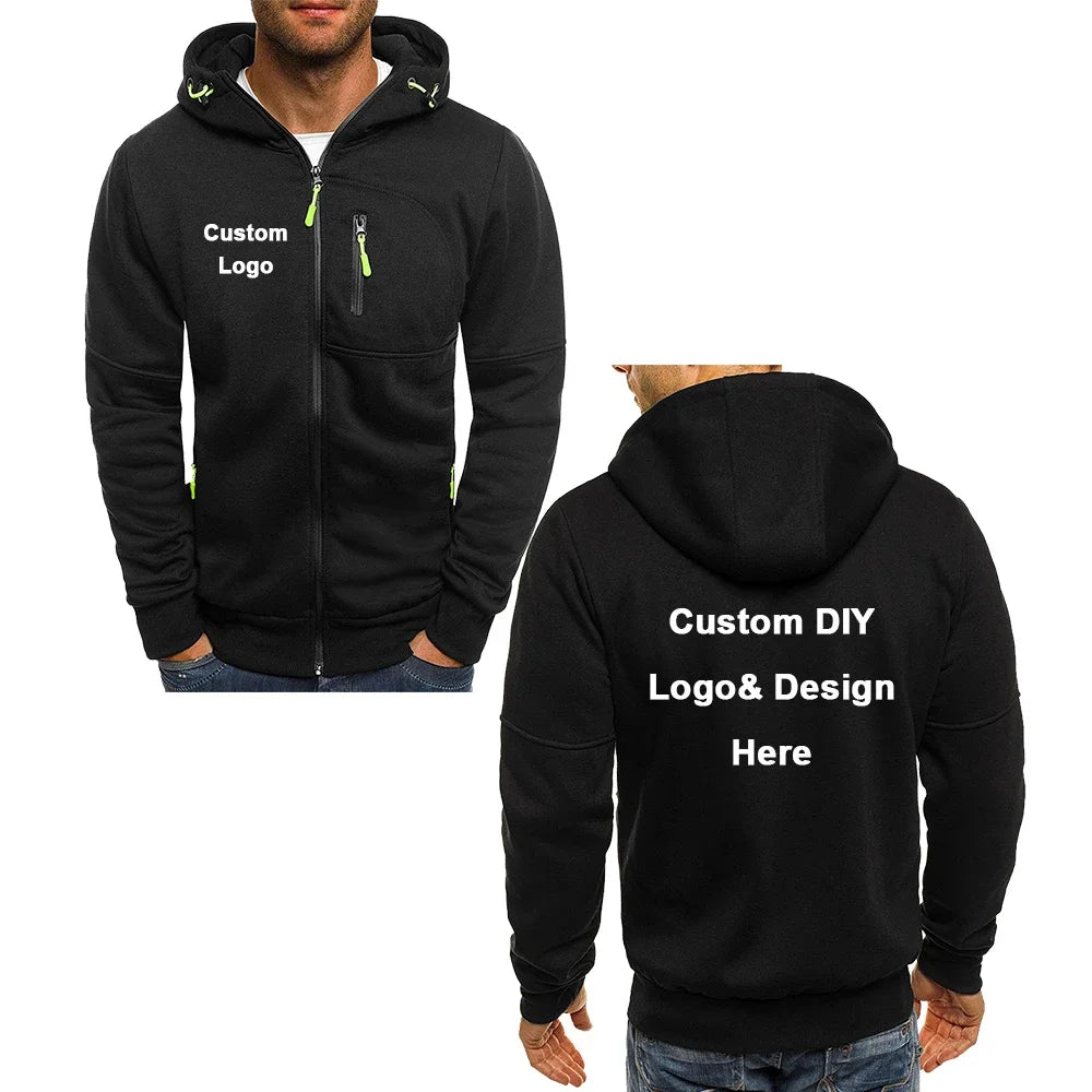 Men's hooded zipper jacket with pockets, custom logo image text, casual sports streetwear, men's cardigan wool sweater, fashion.