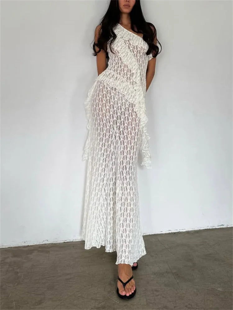 Tossy Fashion Summer Lace Long Skirt Women See-Through Slim High Waist Hollow Out Patchwork Elegant Commute Female Maxi Skirt
