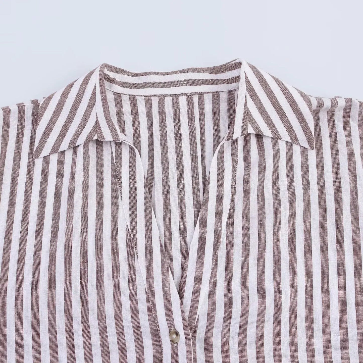 Summer Women's Curled Wide Sleeves Linen Blended Striped Asymmetric Casual Shirt Versatile Collar Linen Blended Printed Shirt.