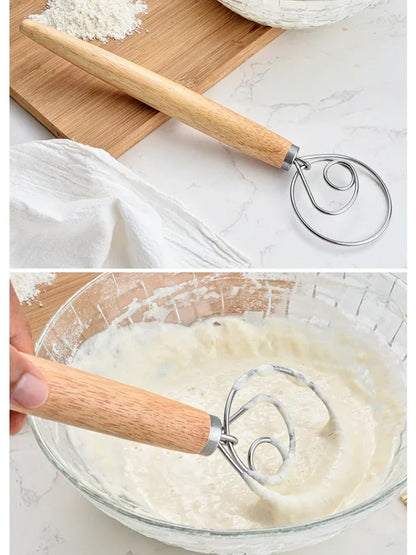 Cake Tools Danish Dough Whisk Stainless Steel Dutch Bread Dough Hand Mixer Wooden Handle Kitchen Baking Tools Artisian Blender.