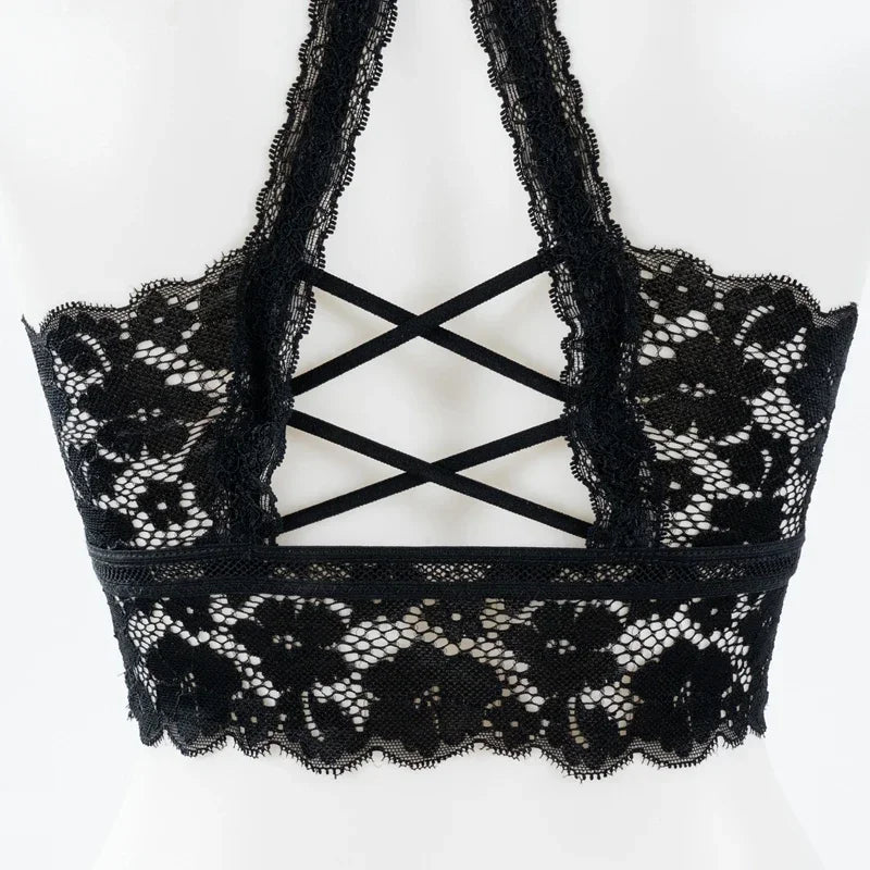 Women White Crop Tops Lace Print Camisole Sexy Hollow Backless Bra Removable Chest Pad Bralette Solid Beauty Back Tank Top.