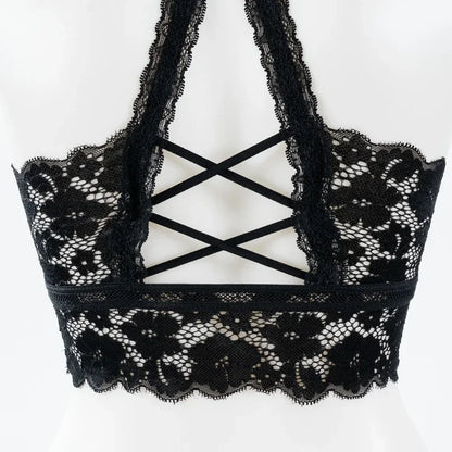 Women White Crop Tops Lace Print Camisole Sexy Hollow Backless Bra Removable Chest Pad Bralette Solid Beauty Back Tank Top.