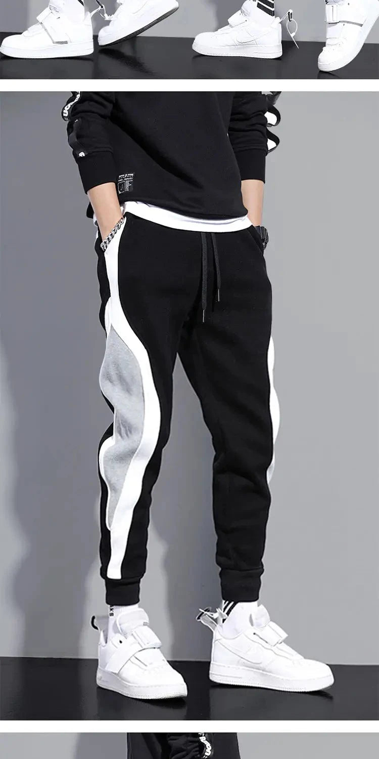 Autumn Men's Wide Loose Casual Pants Mens Patchwork Nine-point Sports  Elastic Rope Breathable Tie-foot Trousers.
