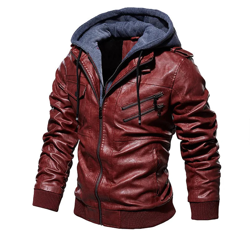 American Autumn and Winter Men's Leather Jacket Top Men's Warm Hooded Jacket, Men's Casual Trendy Jacket.
