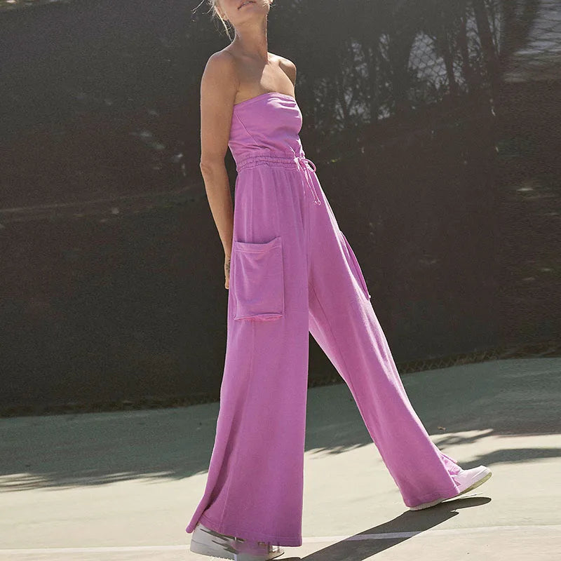 Stylish New Backless Sleeveless Commute Playsuits Women Tube Top Wide Leg Drawstring Rompers Elegant Solid Color Pocket Jumpsuit.