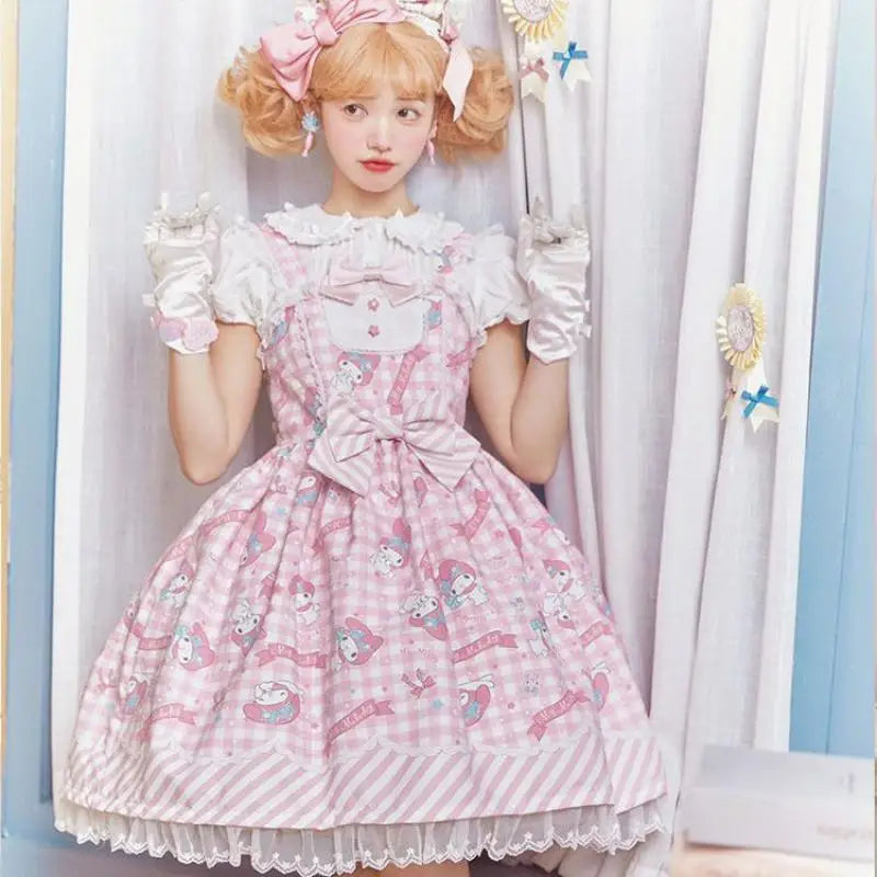 Anime My Melody Lolita Kleid Cinnamoroll Prinzessin Kleid Kuromi Süßer süßer Druck Schleife Spitze Party Trägerkleid Kawaii Academy Kleid.