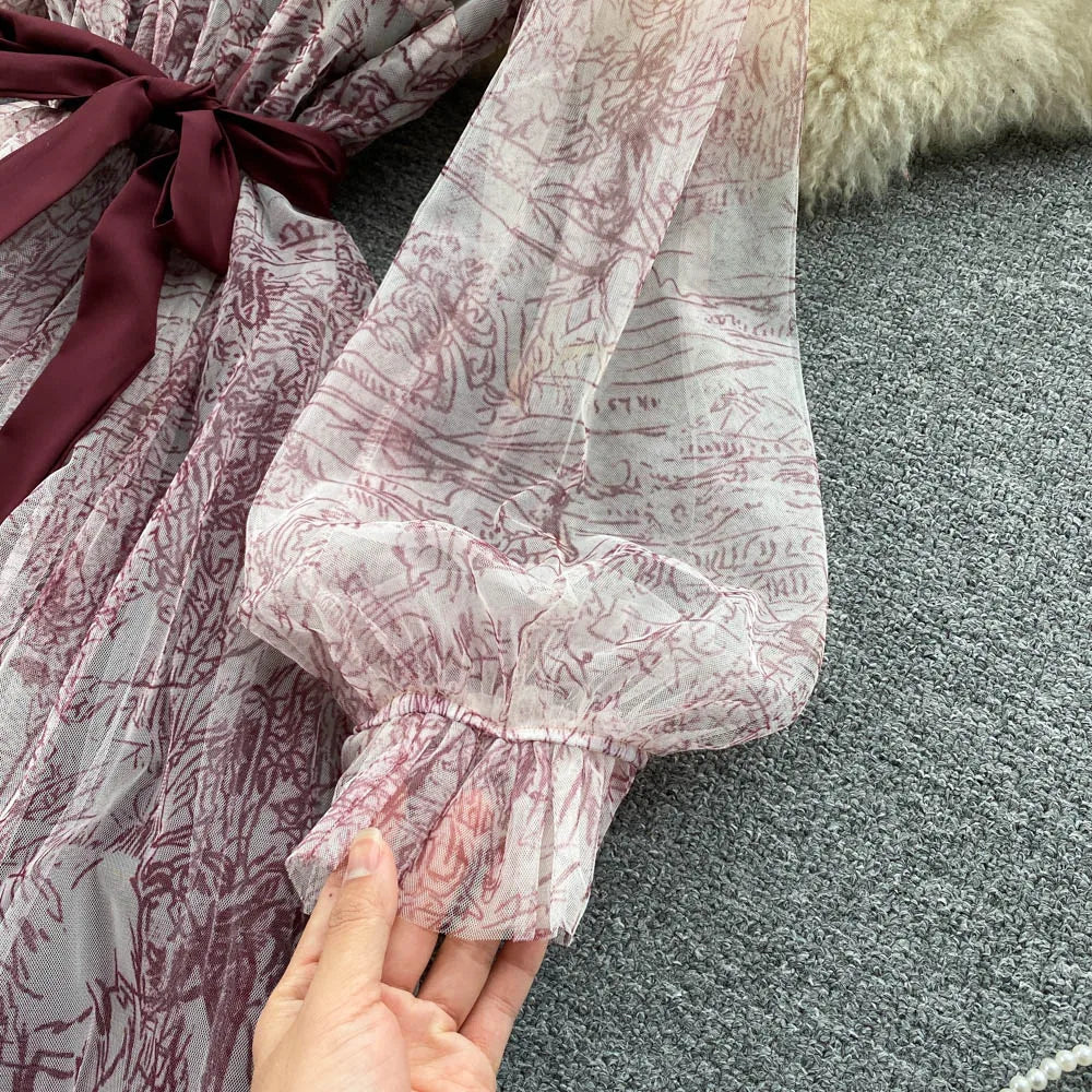 Elegante Frauen Mesh Kleid Vintage Laterne Ärmeln Gedruckt Party Kleider Frühling Sommer Patchwork A Line Bandage Strand Kleid.