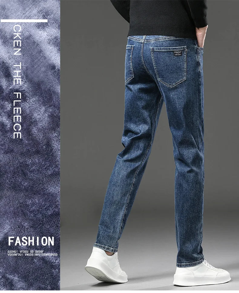 Winter Fleece Thick Warm Jeans Men's Slim Straight Elastic Denim Pants Casual Male Clothing Fashion Plush Trousers.
