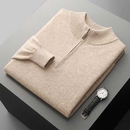 Autumn Winter Men's 100% Merino Wool Sweater Mock Collar Half Zip Knitted Pullover Cashmere Sweatshirt Casual Long Sleeved Tops