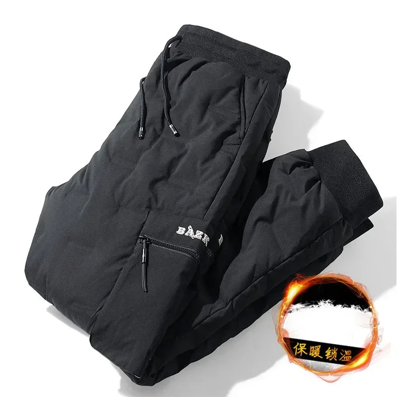 Men's Winter Pants Duck Down Padded Pants Thick Warm Black Loose Jogger Windproof High Waist Elastic Thermal Down Trouser Male