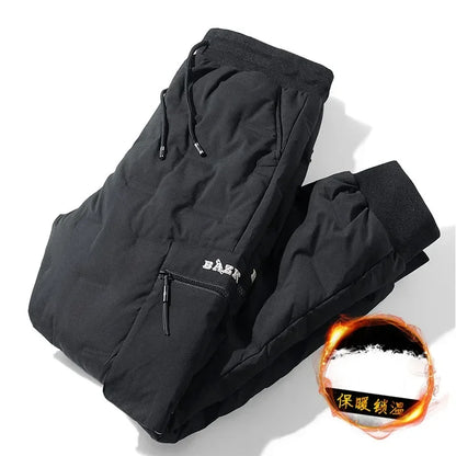 Men's Winter Pants Duck Down Padded Pants Thick Warm Black Loose Jogger Windproof High Waist Elastic Thermal Down Trouser Male