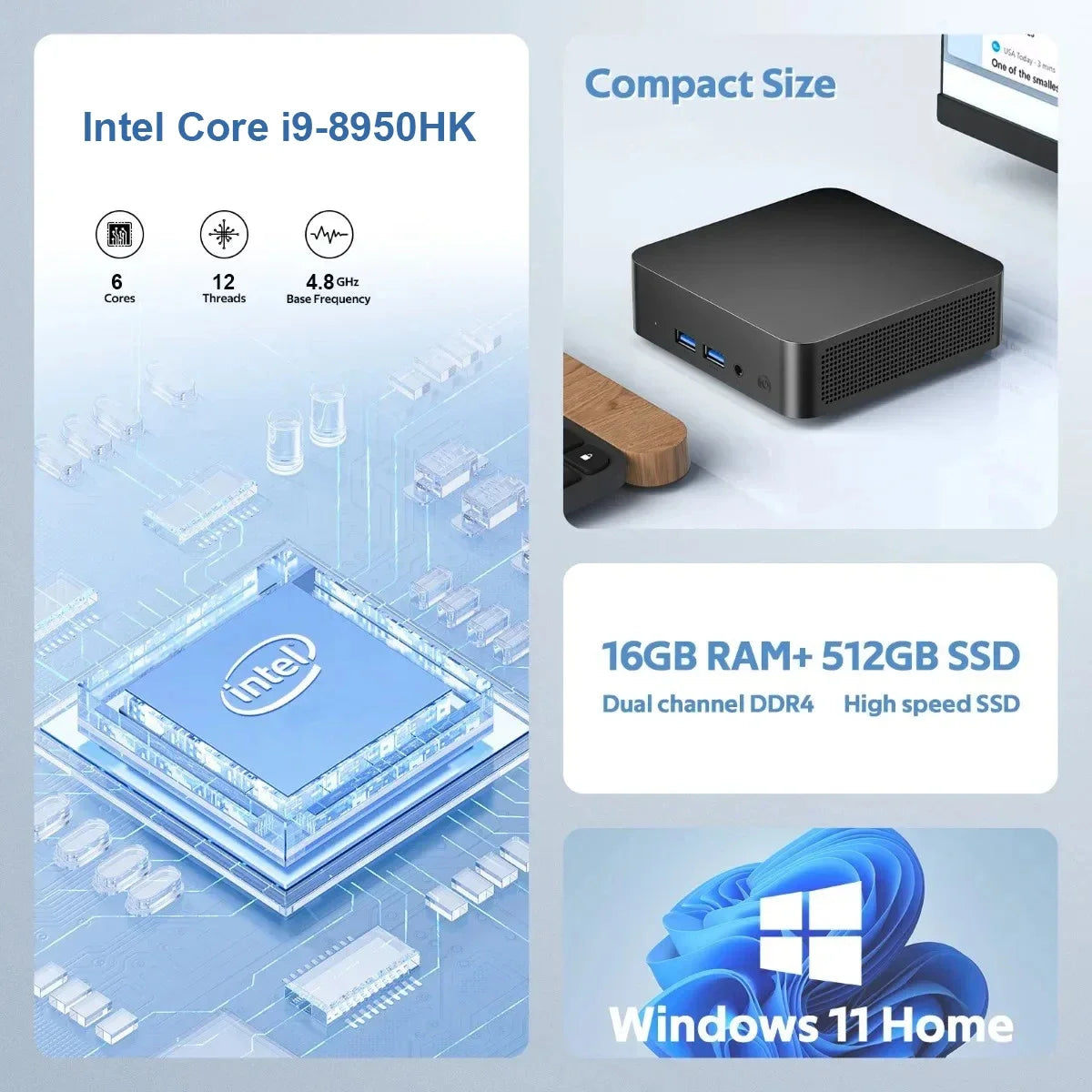 MINI PC Windows 11 Pro Core i9 8950HK DDR4 16GB M.2 SSD 1TB 2TB Computer Gaming Wifi 6 BT5.2 Office Business Desktop PC Gamer.