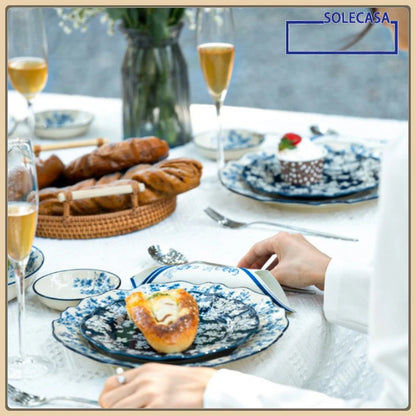 SOLECASA English Retro Ceramic Tableware Blue Flowers Pattern Household Salad Bowls Steak Plate Fruit Dessert Plates Dinnerware.