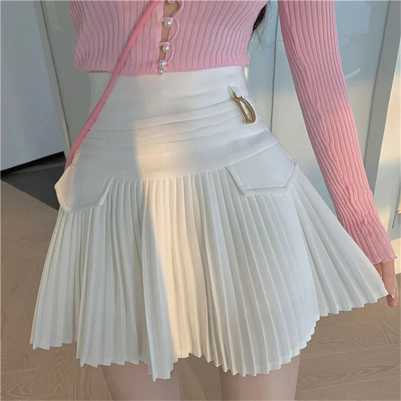 White Pleated Skirt Women  High Waist Skater Skirt Female Korean A-Line High Fashion Casual Short Skirt Women Bottoms.