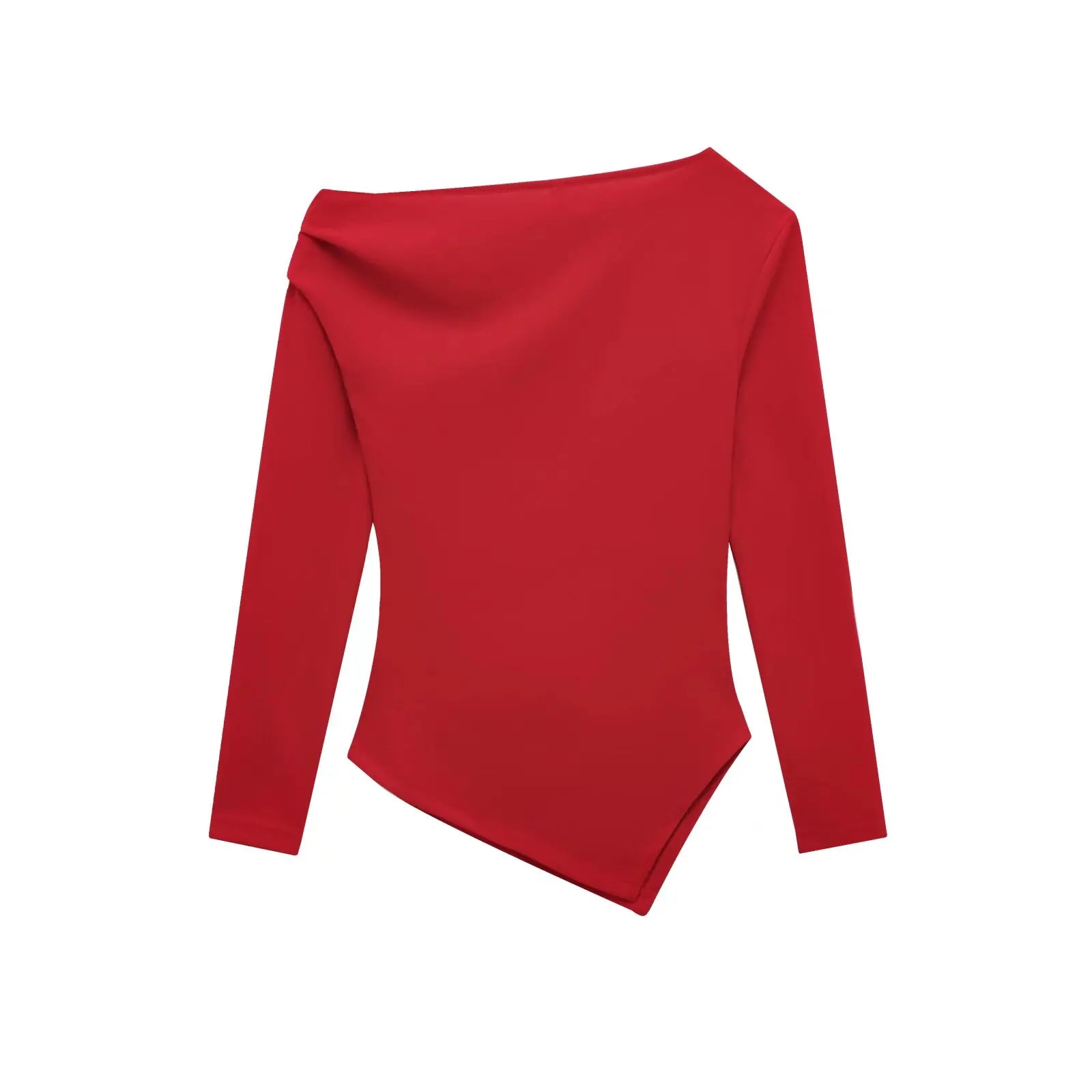 HH Women Fashion Solid 5-Color Asymmetrical Slant Collar Tops Female Spring Pleated Decoration Casual Slim Elasticity Top.