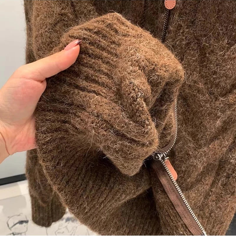 Women Autumn Winter New Lazy Style Loose Knitted Cardigan Retro Solid Color Double Zipper Turn-down Collar Sweater New Women Top.