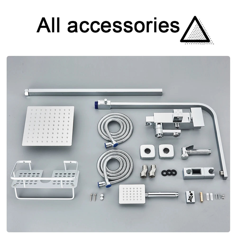 Rainfall Bathroom Shower Faucet Kit With Bidet Wall Mounted Stainless Steel Hot Cold Water Mixer Tap System With Rack,Tub Spout