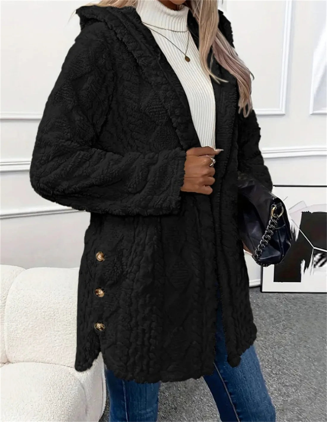 Women Cardigan Hoodie Jacket Autumn Winter Argyle Textured Pattern Hooded Irregular Hem Buttons Fleece Oversized Outerwear Coat.