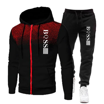 2025 Men's fashion printed sportswear, zipper hooded sweatshirt + sportswear pants, casual fitness jogging sportswear set.