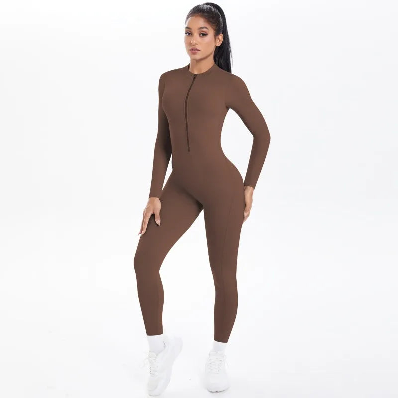 Women's Long Yoga Bodysuit with Half-Zip Sexy Back & Butt Lift for Fitness Running Outdoor Sportswear.