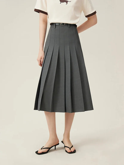 FSLE 2025 New Arrival Women Zipper Waist Office Lady Elegant Grey Skirt Pleated Design Navy Blue Color Long Skirt Daily Outfits