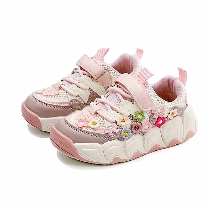 Girls Flowers Sports Shoes Children Princess Embroidered Running Shoes Air Mesh Girls Casual Sneakers Summer 2025 New.