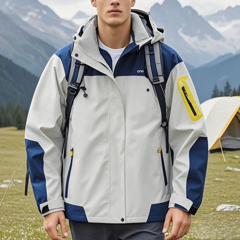 Men's Single-layer Hiking Jacket Patchwork Hooded Hiking Coat Men Color Block Windbreaker Jackets Outdoor Mountaineering Coats.