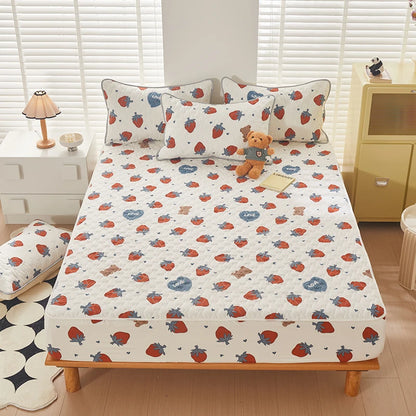 Floral Fitted Sheet Queen Size Bed Cover Thicken Bedsheet Quilted Mattress Protector tampa de colchão (Pillowcase Need Order).