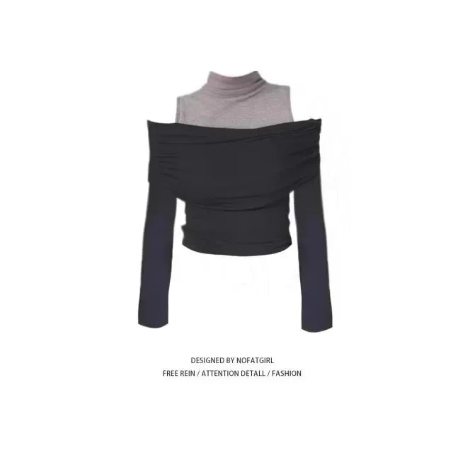 Retro American Shoulder Bared Long Sleeve T Shirt Women Spring Autumn Spicy Girl Fake Two Piece Base Shirt High Collar Polyester.