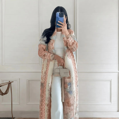 Langer Herbstmantel für Damen, Retro-bedruckt, langärmelig, muslimisches Abaya, Saudi-Mode, faltiger Taillengürtel.
